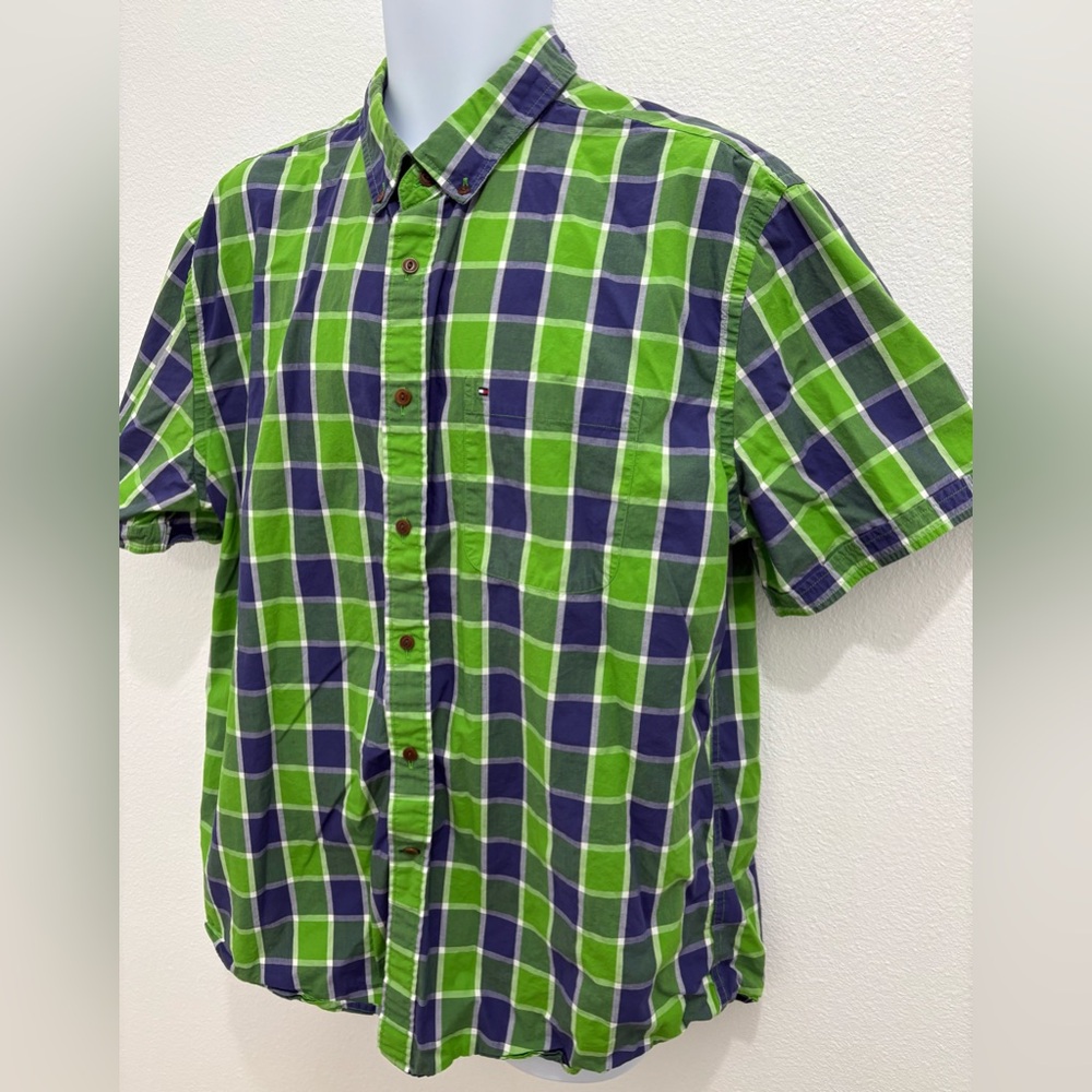 Tommy Hilfiger Green and Blue Checkered Men's Button Down Shirt 100% Cotton